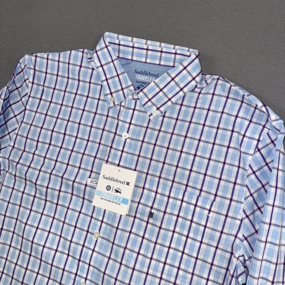 Saddlebred Traveler Shirt Mens Medium Blue Check Classic Fit Adaptive Cool NWT